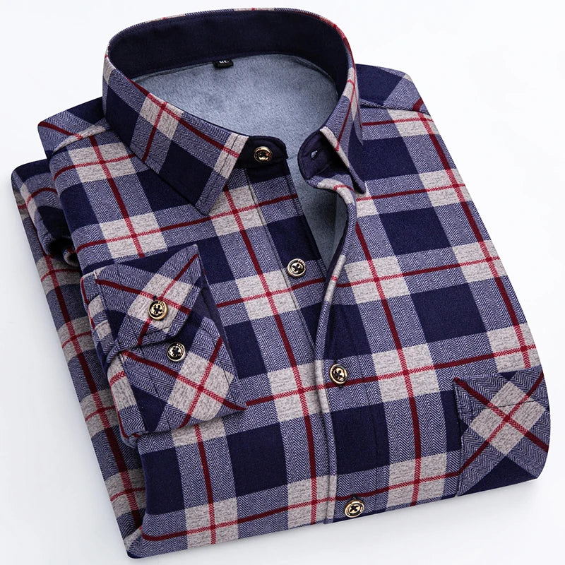 Winter Warm Shirts For Men Regular Fit Thicker Velvet Top Blouse Asia Plus Size Big Plaid Casual Clothing Long Sleeves Shirts