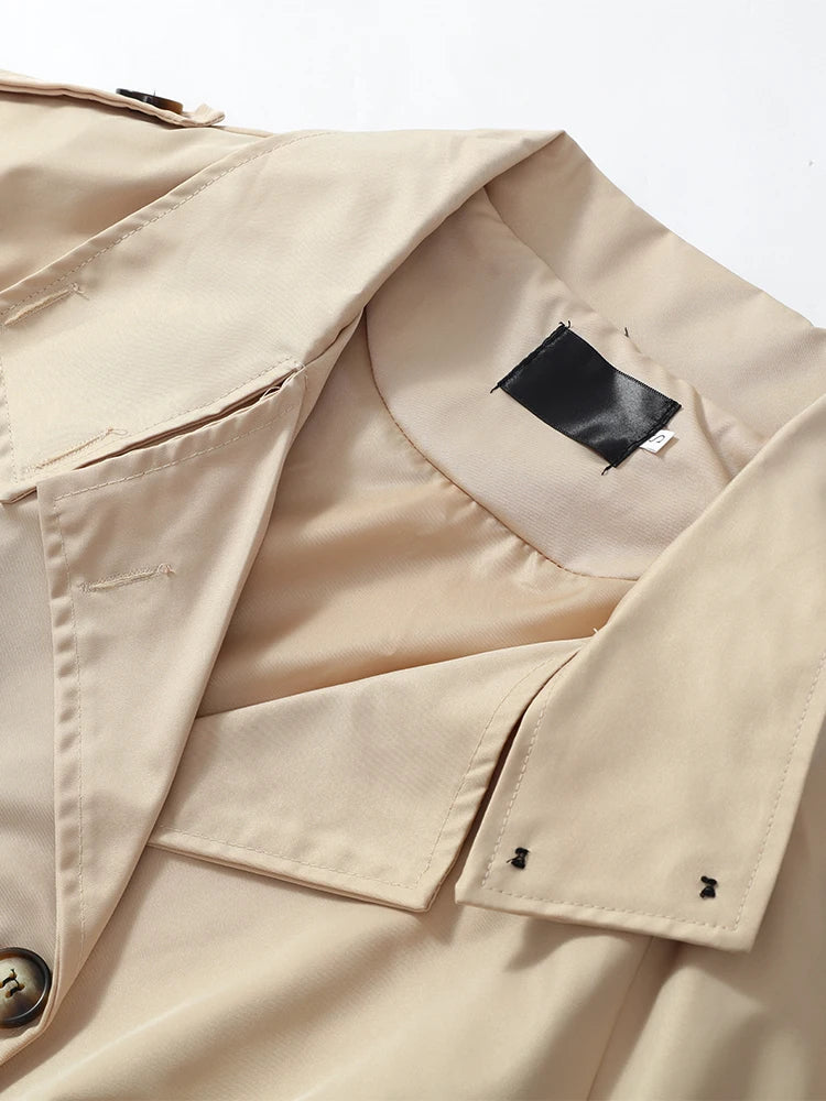 Khaki Lace Up Cape Trench Coat Loose Solid Full Sleeve Lapel Windbreaker 2026 Autumn New Fashion Commute Casual Daily Coats