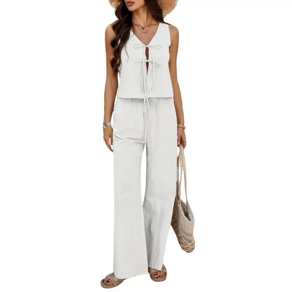 Women's Summer Comfortable Casual Simple Solid Color Two-piece Set Fashion Sleeveless V-neck Strap Short Top Wide-leg Pants Sets