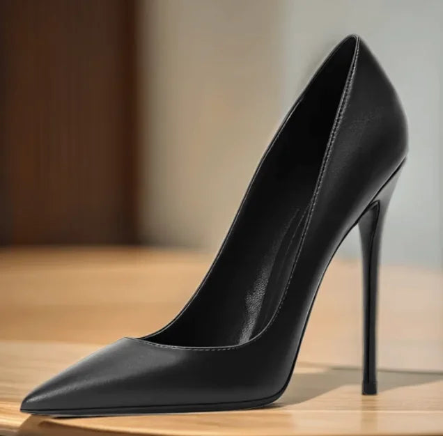 High heels, women's slim heels, 2025 matte brown leather commuting professional work shoes, shallow mouth pointed single shoes