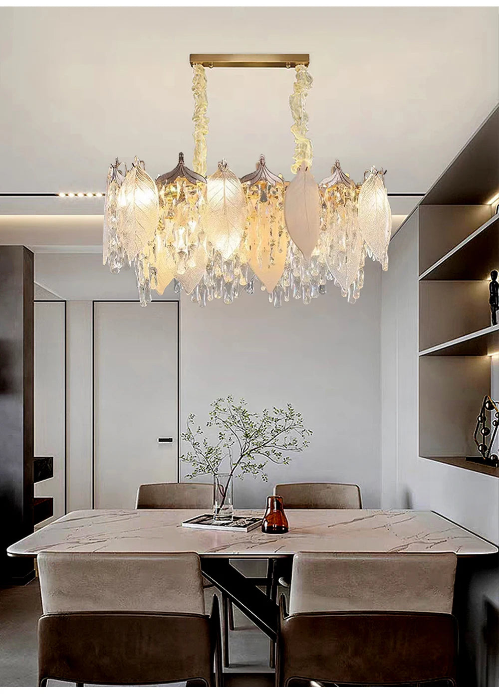 Luxury Porcelain Glass Leaves Chandelier Modern Crystal Hanging Lamps Home Decor Lighting Lustre Villa Living Room Pendant Light