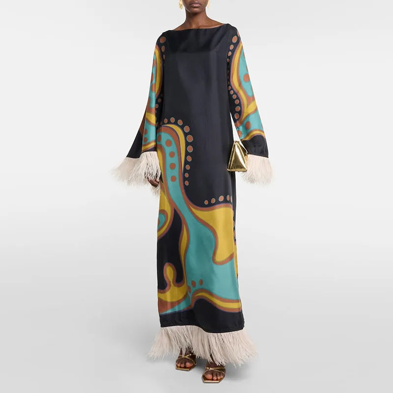 Printed Women's Dress Half Sleeve Round Neck Long Dress Tassel Hem Dress Daily Fashion Outfit Suitable for Date Party 2026