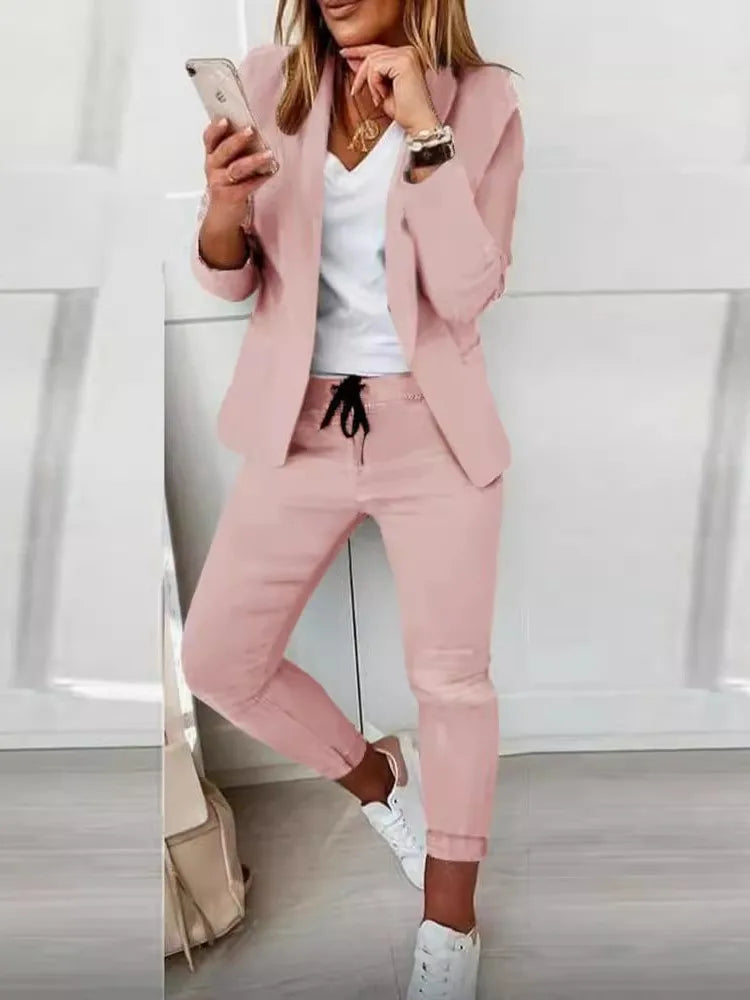 2024 Women's Two Piece Pant Suit Set Outfits Spring Autumn Turn Down Print Blazer Coat Drawstring Pants Suit Women Casual Sets