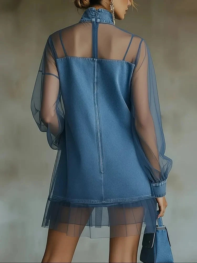 Denim Mini Dress For Women Fashion Turtleneck Tulle Patchwork Long Sleeve See Through Party Dresses Femme Daily Chic Vestidos