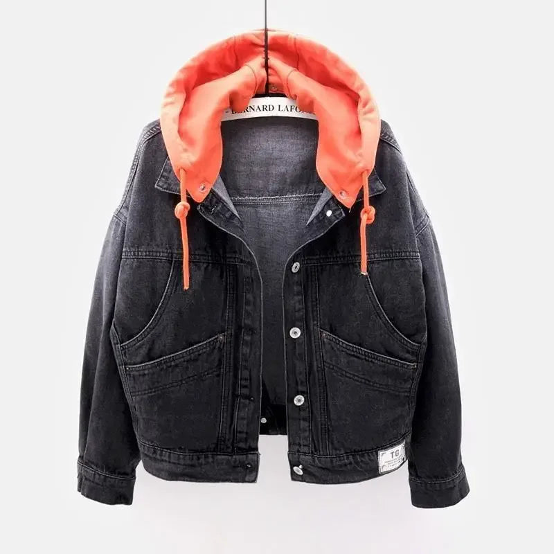 Denim Jacket Schoolgirl Korean Version Loose Short Jacket Long-sleeved Hooded Jacket Multi-pocket Versatile Top Autumnand Winter