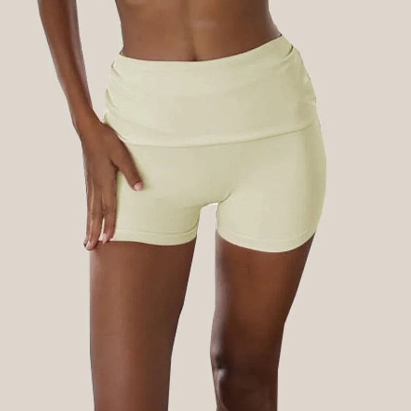 PMWRUN Women Fold Over Waist Biker Shorts High Waisted Ruched Design Soft Stretchy Breathable For Yoga Gym Workout Casual Wear