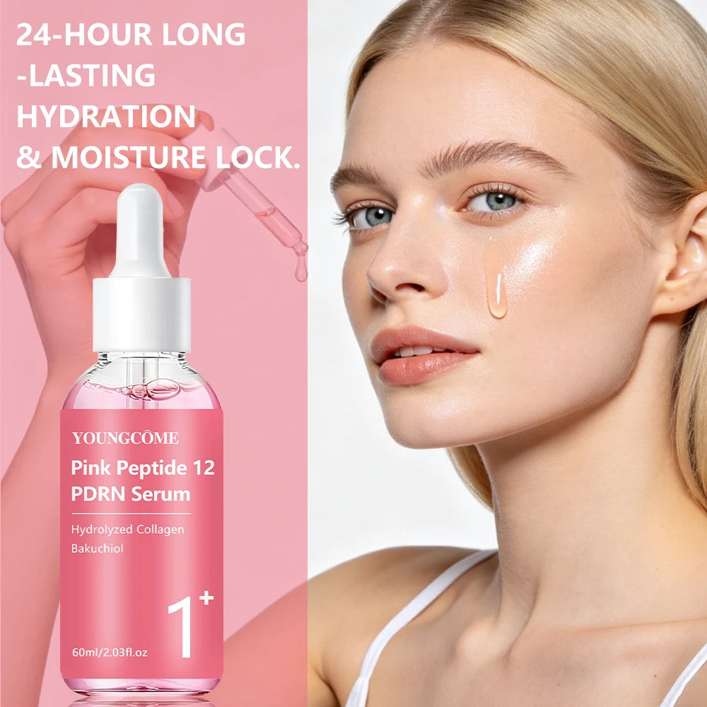 Serum YOUNGCOME Pink Peptide 12PDRN Serum with Hydrolyzed Collagen & Bakuchiol, Lightweight Daily Facial Care for All Skin Types