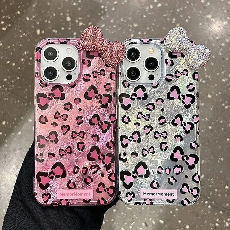 Colorful Leopard Blink Diamond Bowknot Lustre Lining Phone Case for iPhone 16 15 14 Plus 13 Mini 12 Pro Max 11 7 8 SE X XS XR