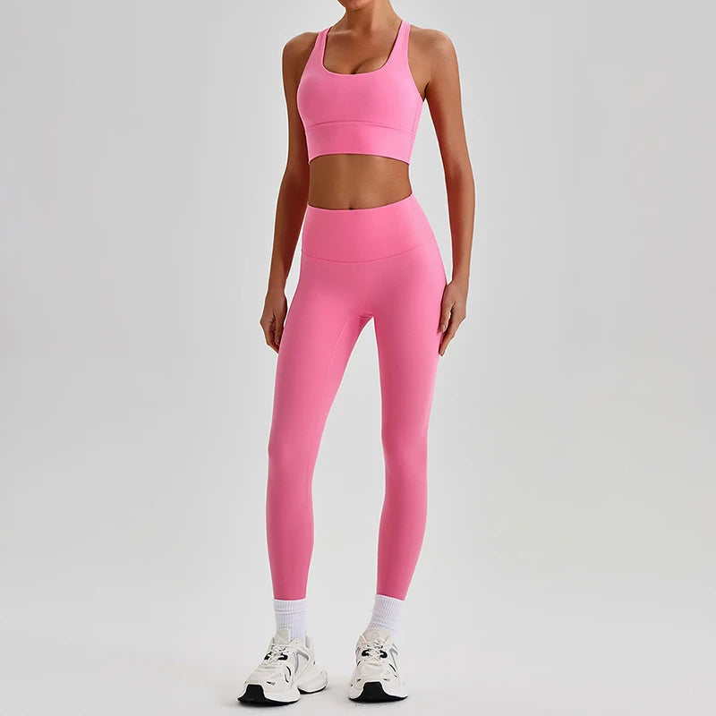 Naked Feel Yoga Set Women Fitness Sportswear 2 Piece Strappy Sports Bra High Waist Gym Leggings Workout Outfit Active Wear