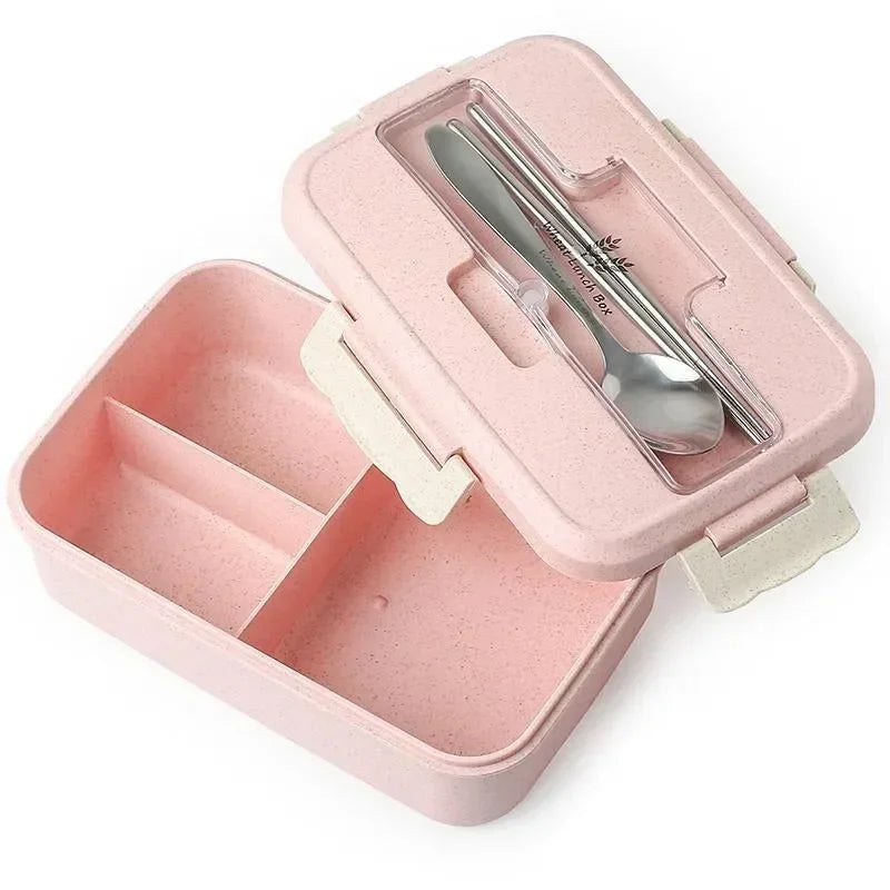 Microwave Lunch Box for Children Portable School Office Bento Box with Tableware Spoons Chopsticks Wheat Straw Food Box