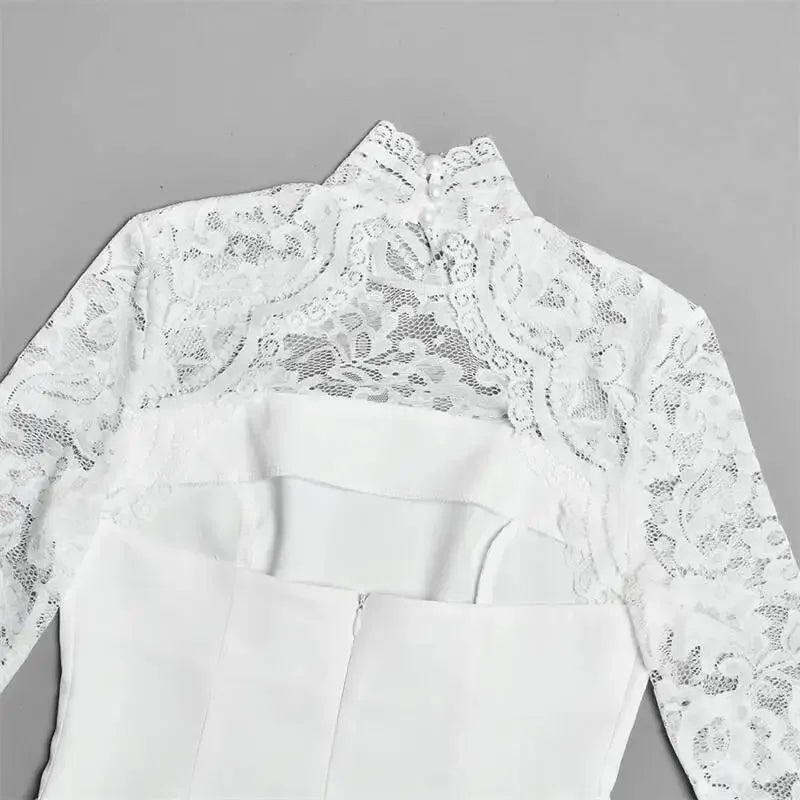 Women Elegant Lace Patchwork Sexy Mini Dress Fashion High Neck Long Flare Sleeve Backless Bodycon Club Party Dresses