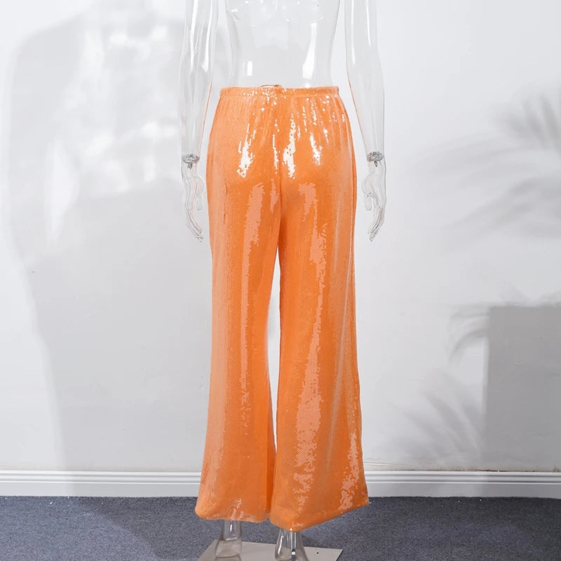 Y2K Sequin Lace Up Pants Women Elastic Low Waist Wide Leg Trousers Female 2026 Spring Summer Lady Shiny Party Clubwear Street