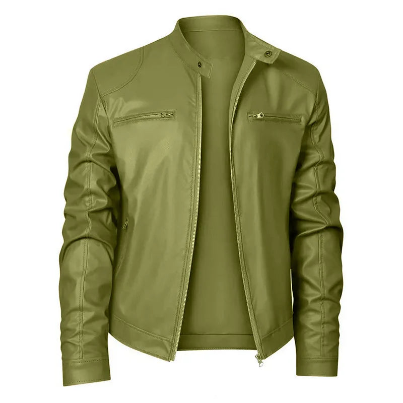 Winter Stand Collar Zip-Up Pocket PU Leather Jacket Men's Slim Business Casual
