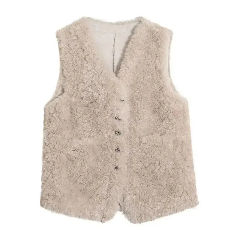 Female Lamb wool Waistcoat Jacket 2025 Spring Autumn New Single Breasted Slim Sleeveless Coat Warm Women's Short Casual Vest Top