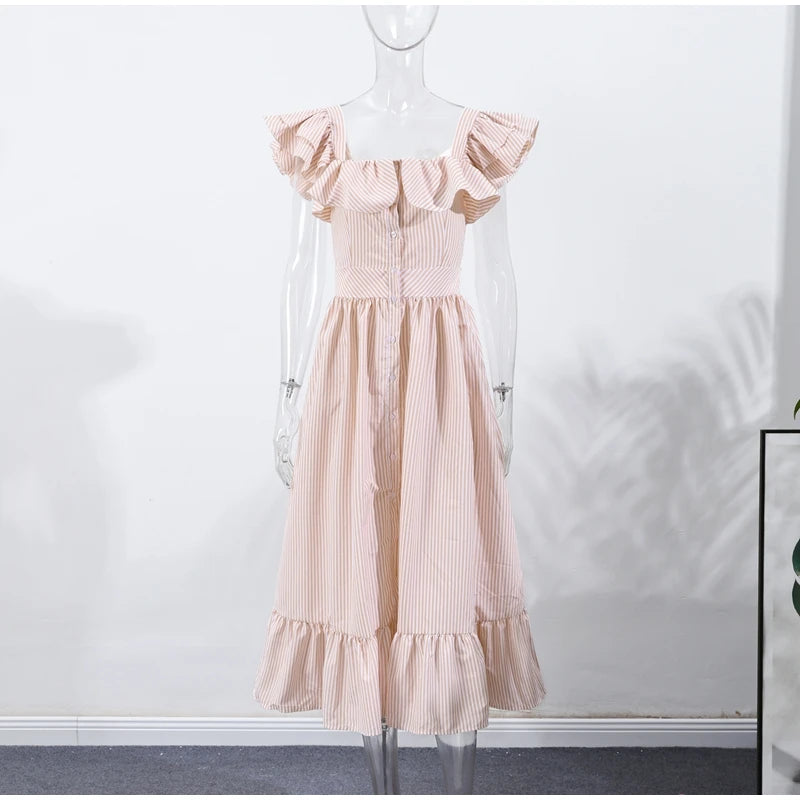 Fashionable Striped Ruffle Pleated Women's Dress Elegant Solid Square Neck Single Button Dresses Female Summer Chic Casual