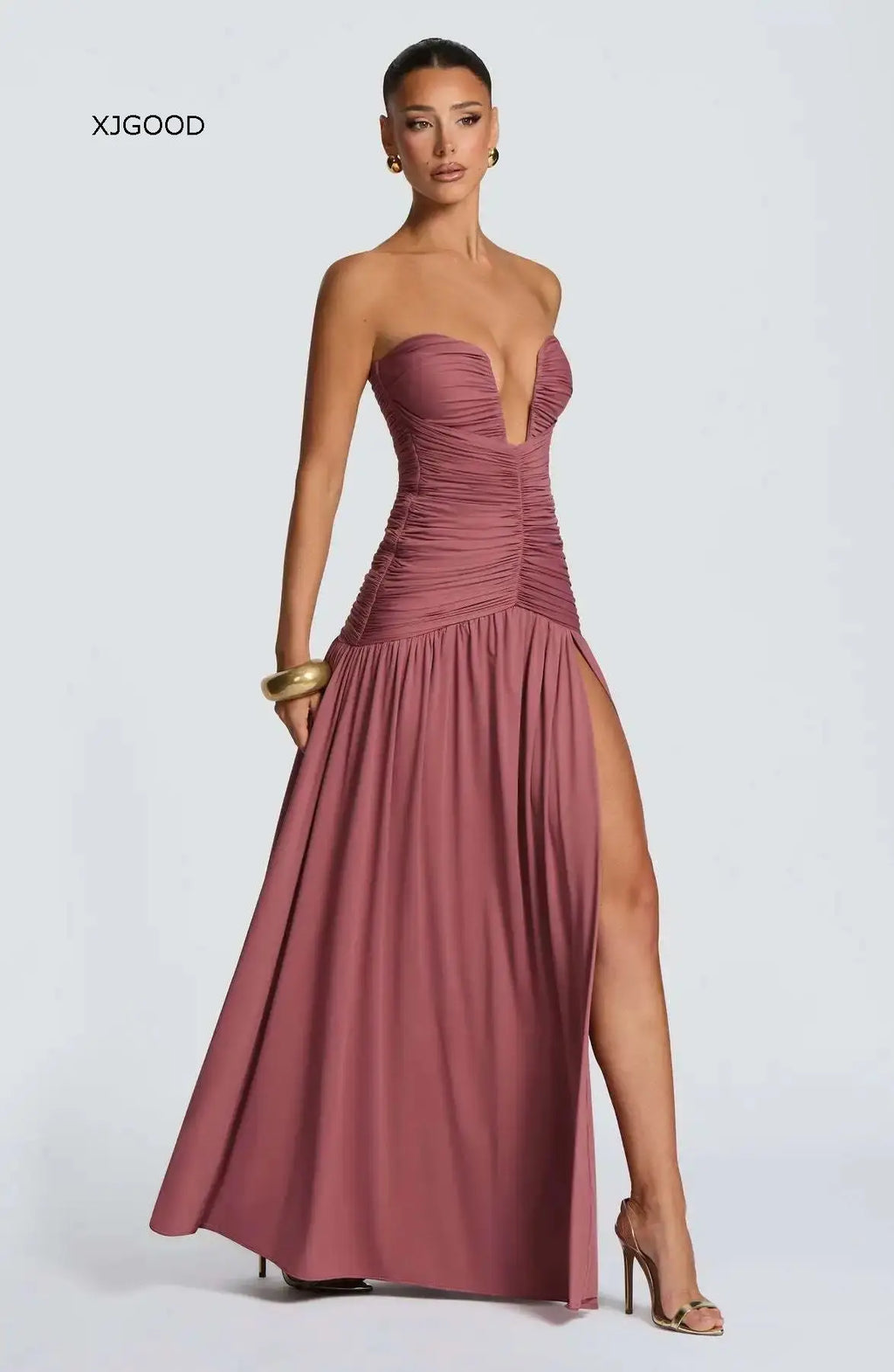 Women's Strapless Pleated High Slit Long Skirt Sexy Pure Color mid Waist Polyester Fiber V-neck Sleeveless Slim Fit Dress
