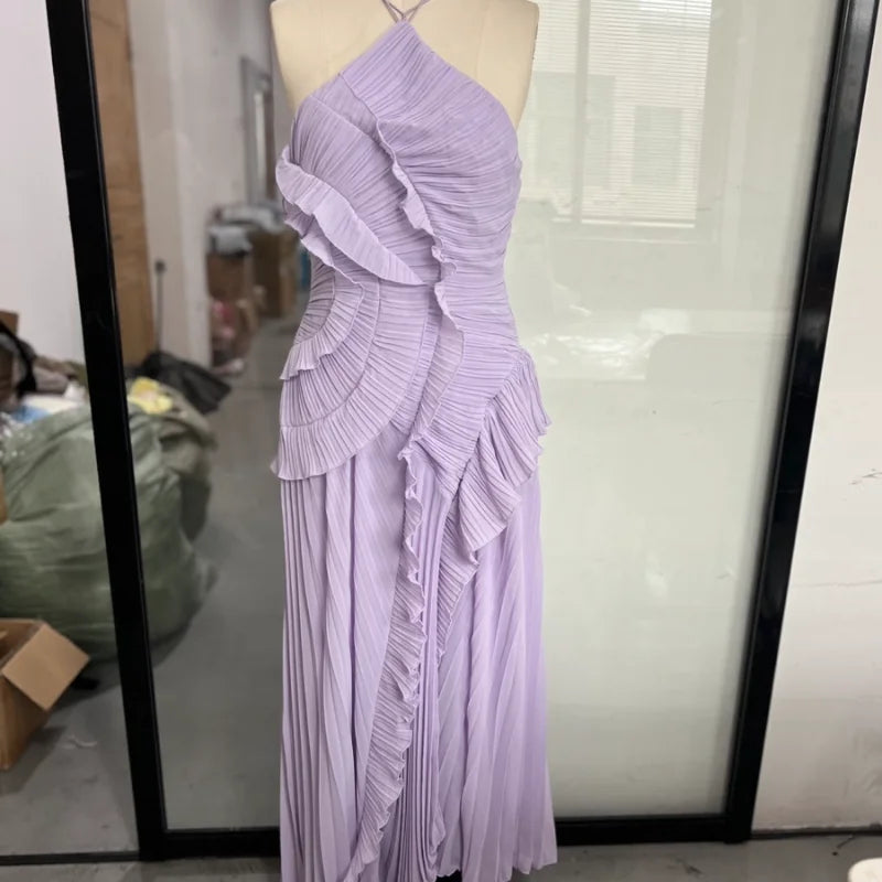 Gown Neck Strap Irregular Long Dress For Women Ruffle Sleeveless High Waist Backless Dresses 2025 New Summer Elegant Party Y2k