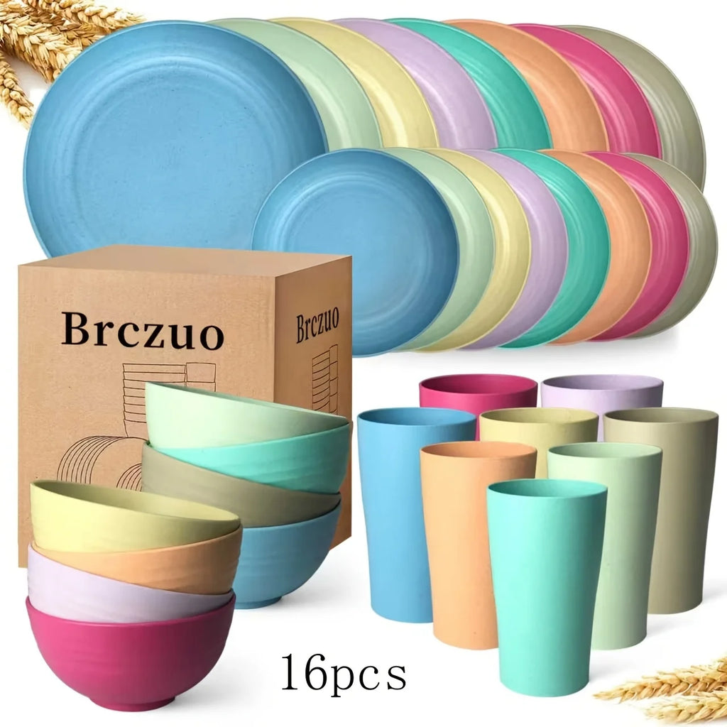 16Kitchen Set Made from Plastic Wheat Straw, Suitable for 4/8 People, Includes Plates, Dessert Plates, Cereal Bowls,
