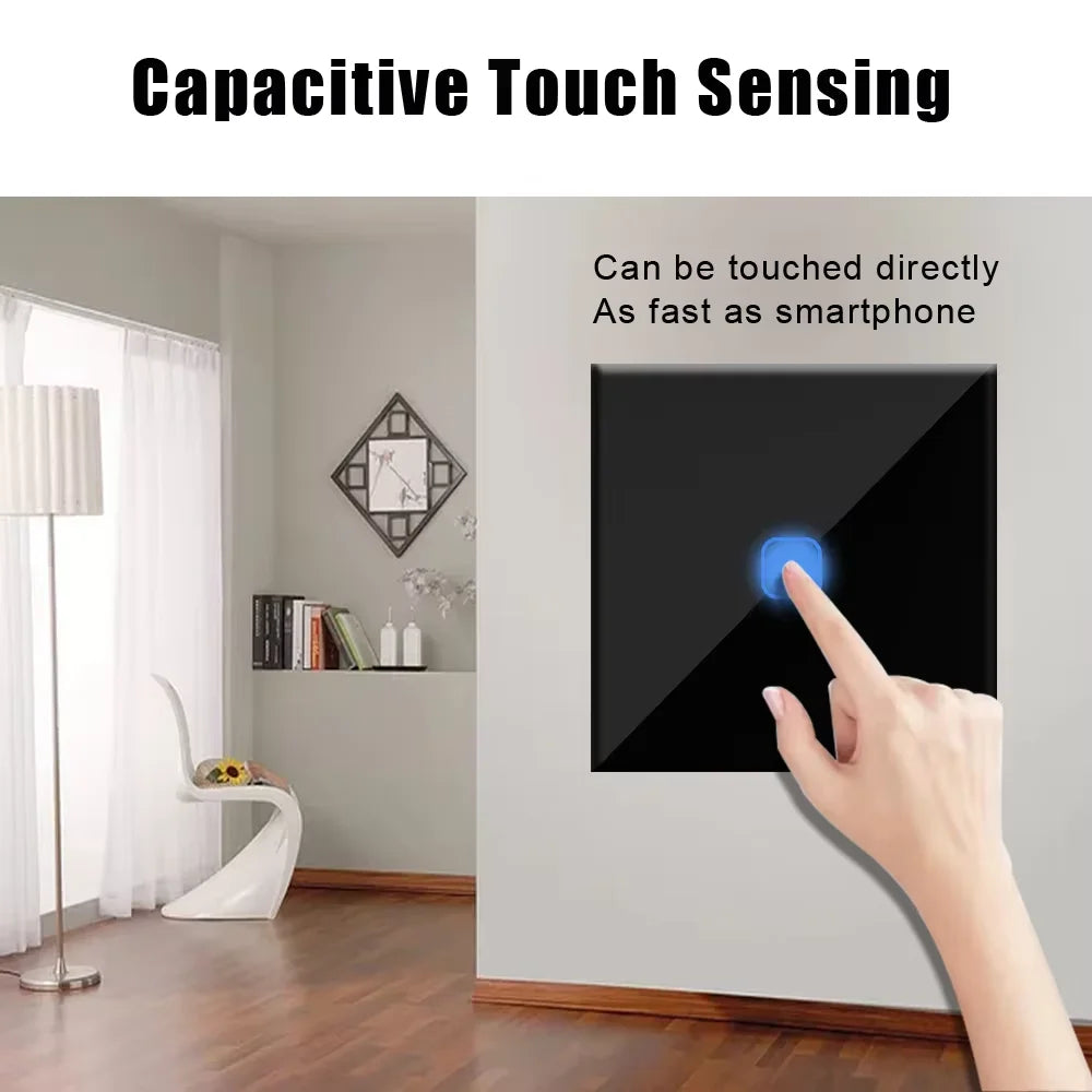 EU Standard Crystal Glass Panel Touch Light Switch | AC100-240V 10A | Wall LED Power Switch 1/2/3 Gang 1 Way White Black Golden