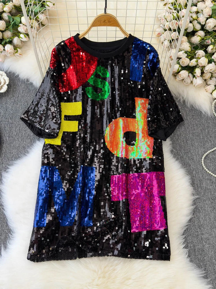 Korean version medium to long loose and lazy T-shirt women half sleeved paired round neck sequined letter top dance outfit