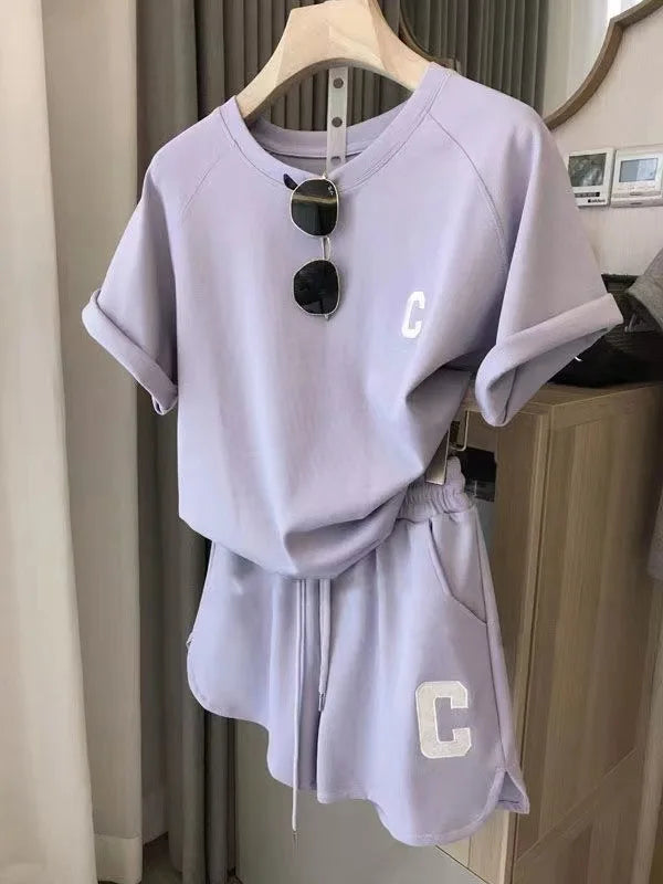  2 Piece Set Women Summer Loose Short Sleeve T-Shirt Casual Shorts Sports Print Letter Casual Suit Large Size Short Pajamas