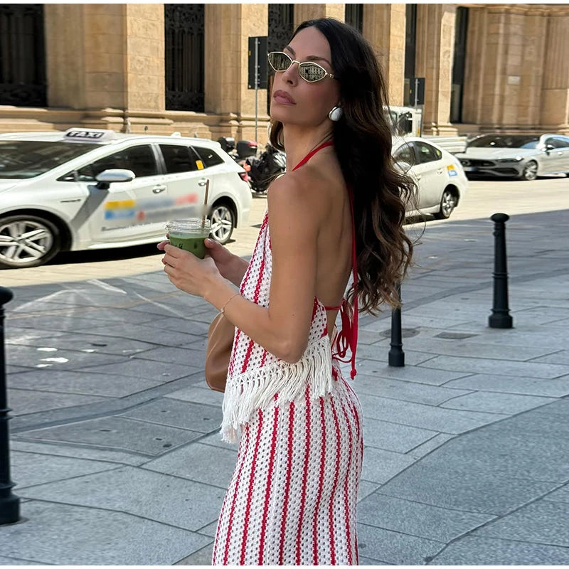 Halter Vertical Striped Fringe Two Piece Set Sleeveless Tank Top Loose Wide Leg Pants Women 2026 Summer Holiday Beach Chic Suit