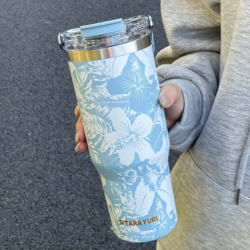 1pc Lightweight Luxury Floral Stainless Steel Thermos Flask 900ML Large Capacity Outdoor Water Bottle with Straw and Handle