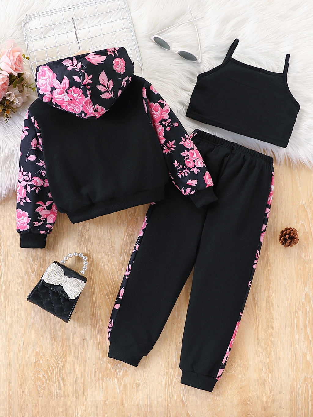 3-Piece Set for Girls, Spring and Autumn Fashion Casual Floral Patchwork Hooded Long-Sleeve Zip-Up Jacket + Printed Camisole + Pants Set, Outdoor Sportswear for Little Girls