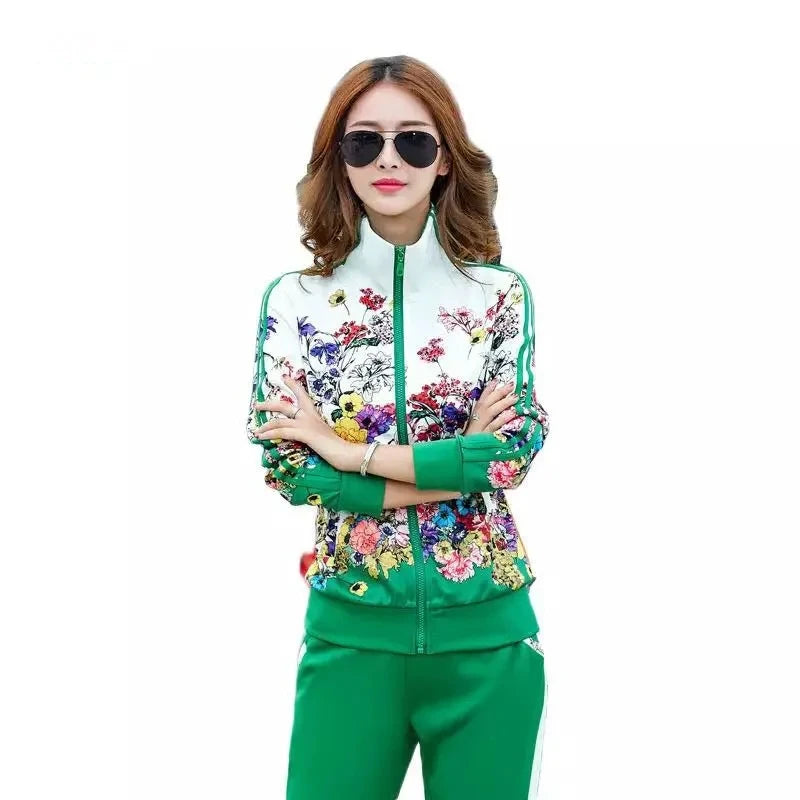 2024 Women's Casual Sports Suits Spring New Print Jacket+Lenght Pants Two Sets Lady Sportswear Suit racksuits Set 6XL