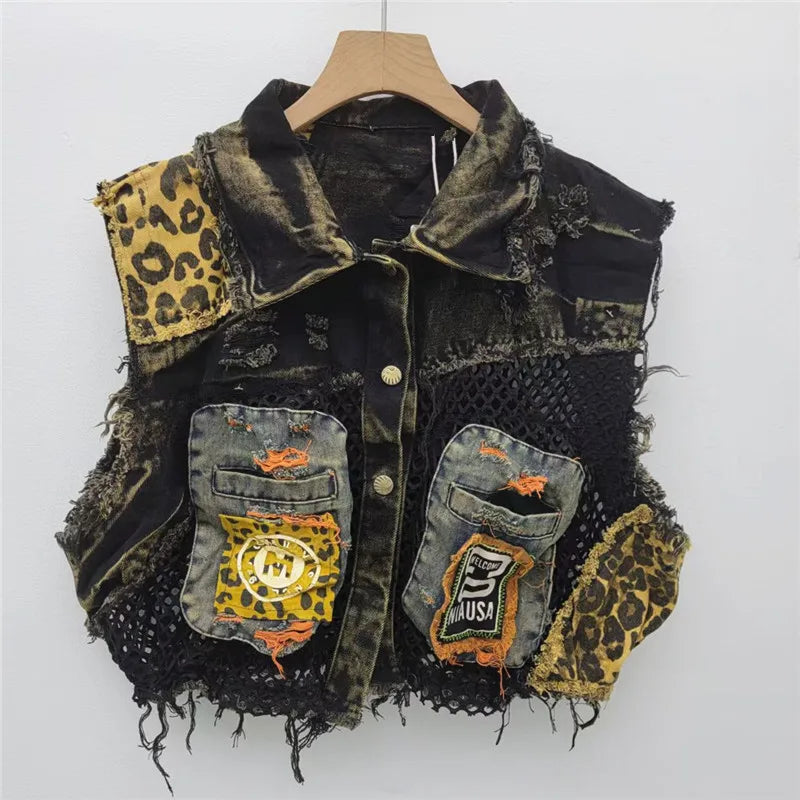 Design Sense Trendy Cool Personality Contrasting Color Stitching Old Denim Vest 2025 Spring Summer New Fashion Vest for Women