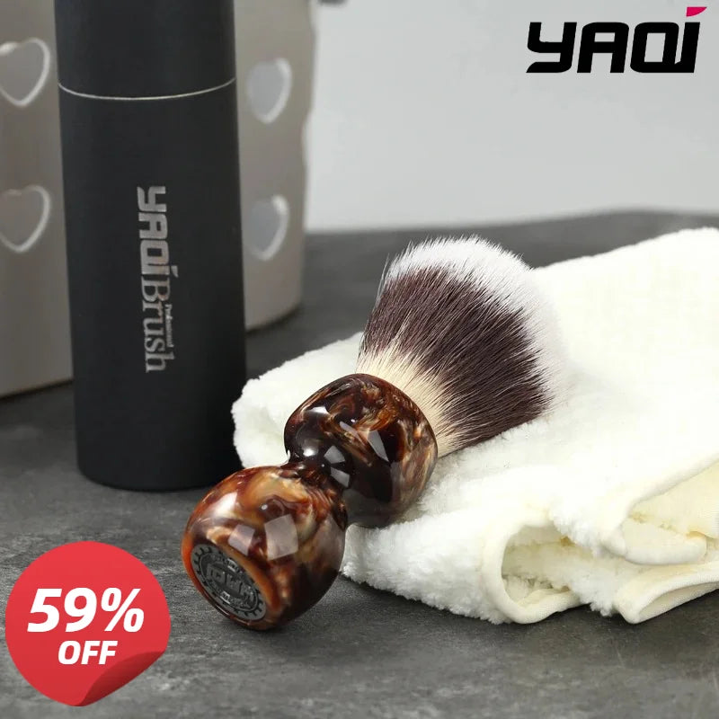 YAQI Caramel Cat's Whisker Synthetic Hair Mens Wet Shaving Brush - Premium Quality Travel Beard Care Grooming Tool