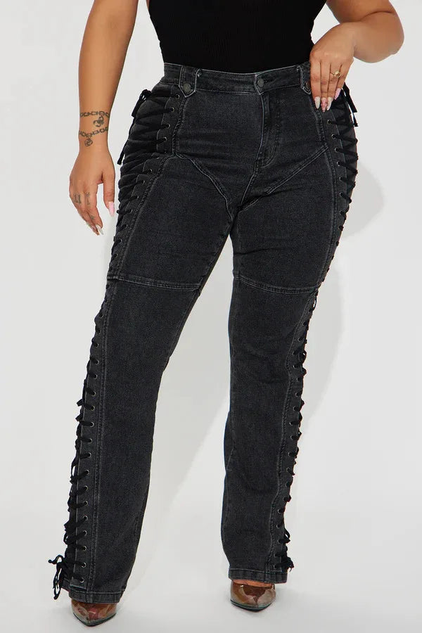 Europe America New Fashionable Women's Straight-leg High-waisted Jeans, Featuring Lace-up Straps and Drawstrings for Hot Girls