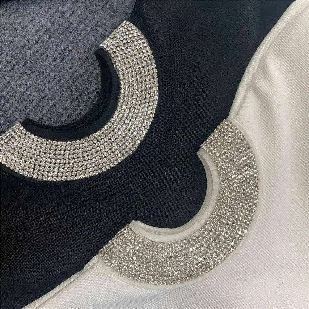 Women Sexy Hollow Out Beading Bandages Dress Long Sleeve Bodycon Clothes Club Party Celebrity Mini Dresses