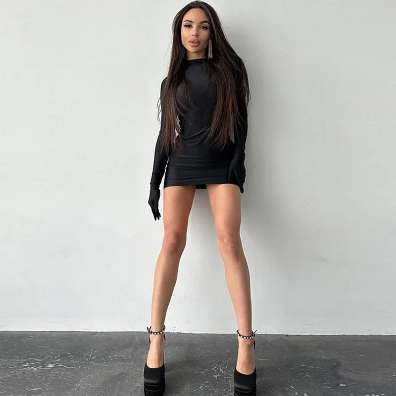 Solid Long Sleeve Mini Dress with Gloves Sexy Streetwear Party Outfit Half Turtleneck Bodycon Y2K Style Wholesale