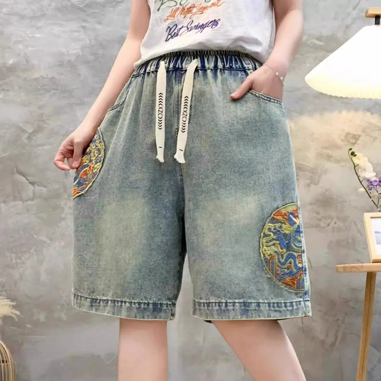 Retro Distressed Embroidered Denim Shorts Women's Loose Wide Leg Pants High Waist Blue Thin Summer New Style Fashionable