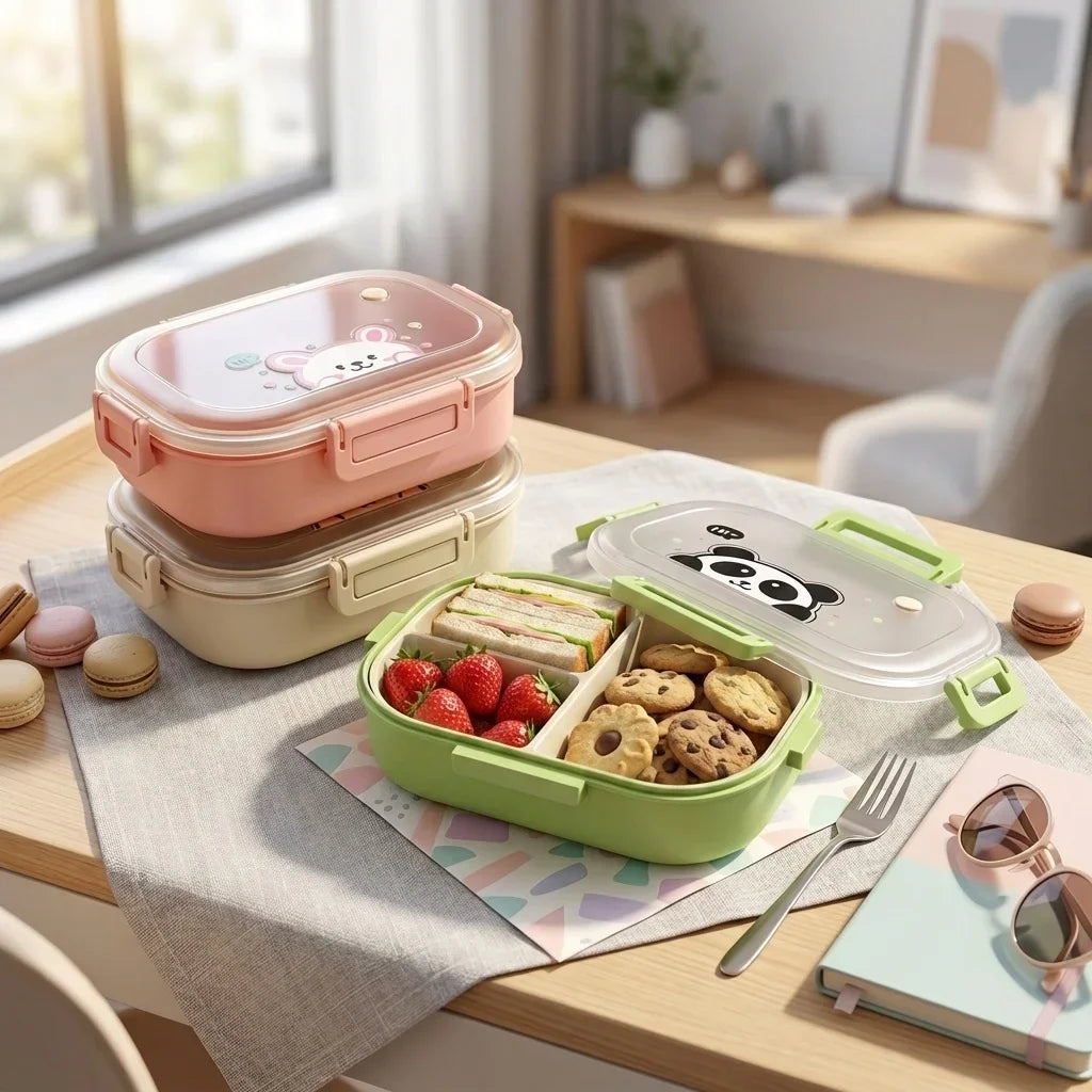 Microwaveable Plastic Lunch Box With 3 Compartments Cartoon Kids Divided Bento Box Portable Food Storage Container School Picnic
