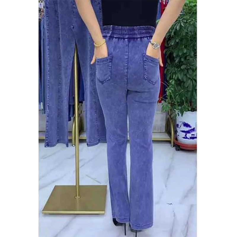 Middle-aged Women's Jeans Spring Fall Stretch Waist Denim Pants Large Size Loose Female Micro Flare Pants Winter Thick Warm Jean