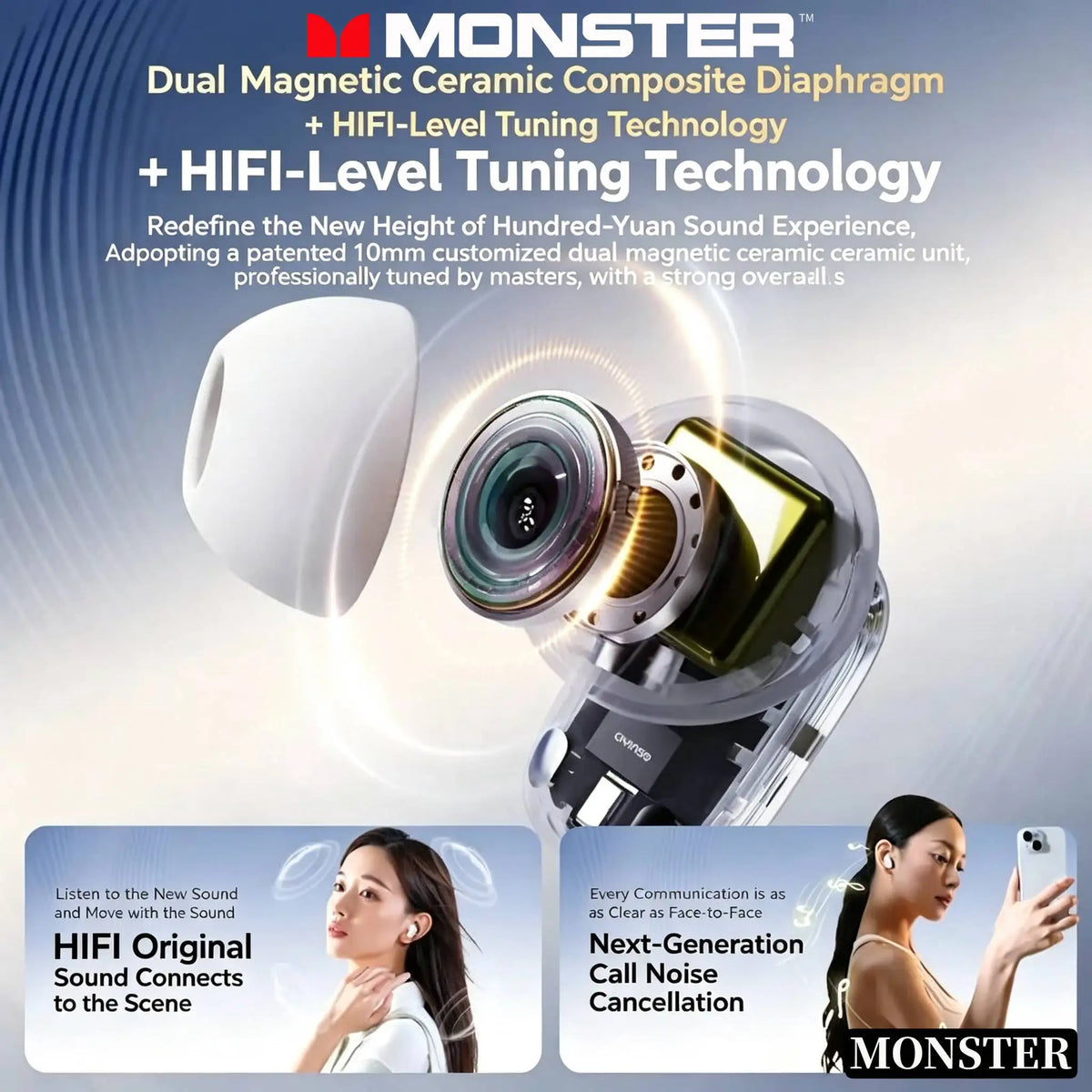 Monster ANC Noise Reduction Earburd Wireless Bluetooth HD Sound Quality Sweatproof  Sport Earphone Long Endurance Gaming Headset