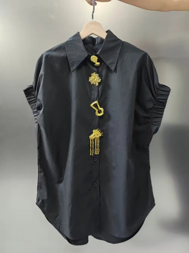 Luxury Design Removable Sequins Blouses Shirts Women 2026 Summer Trend Short Sleeve Black White Tops for Women рубашка женская