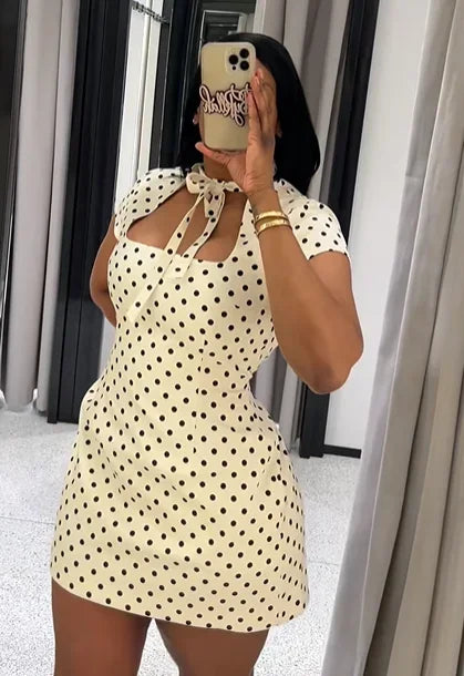 Elegant Lace-up Polka Dot Mini Dress Lady Chic Short-sleeved Waist Cinching Slim A-line Vestidos 2026 Women Evening Party Gowns