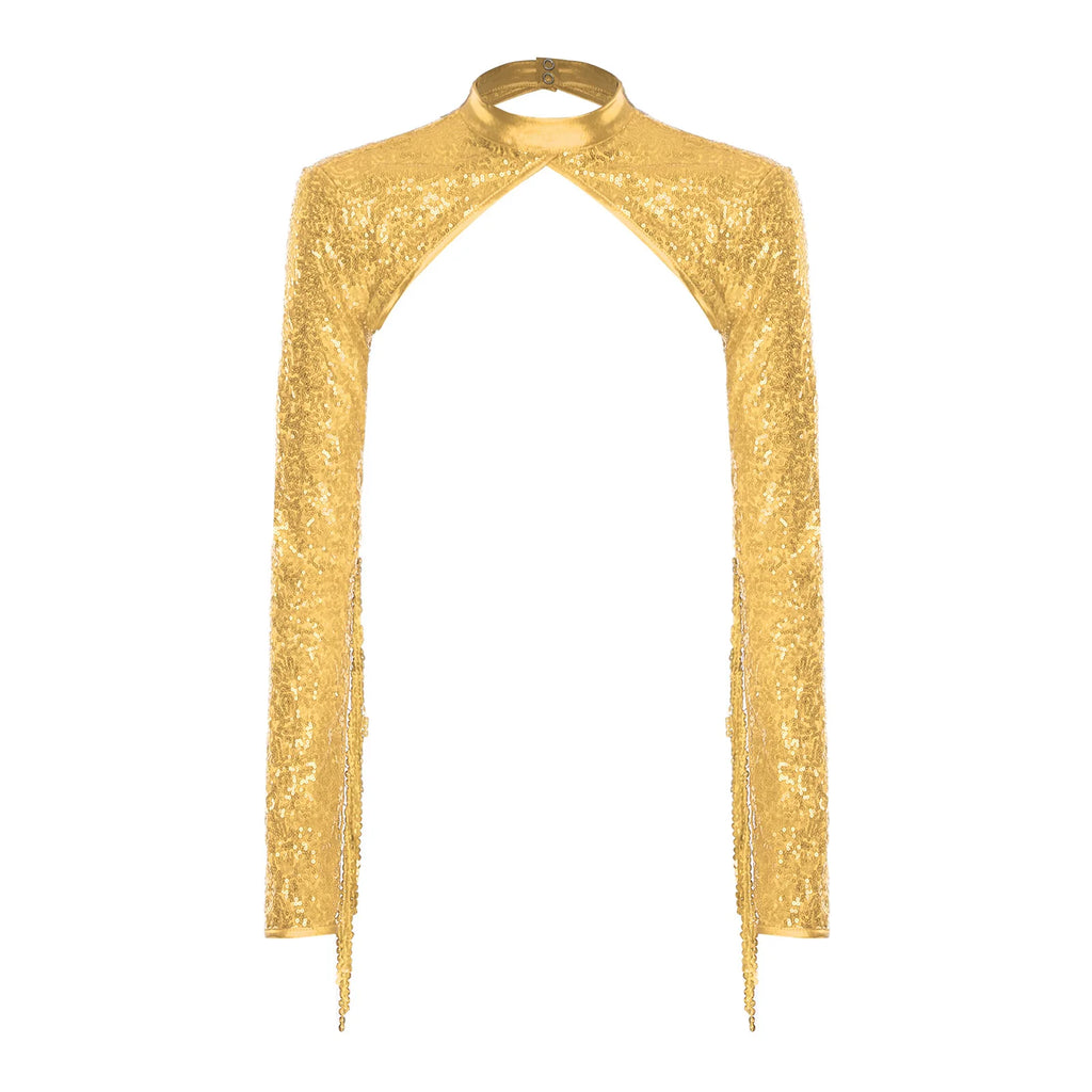 Womens Glitter Sequin Fringe Bolero Long Sleeve with Tassel Allover Sequin Shrugs Shawls Cropped Cardigan for Music Raves Party