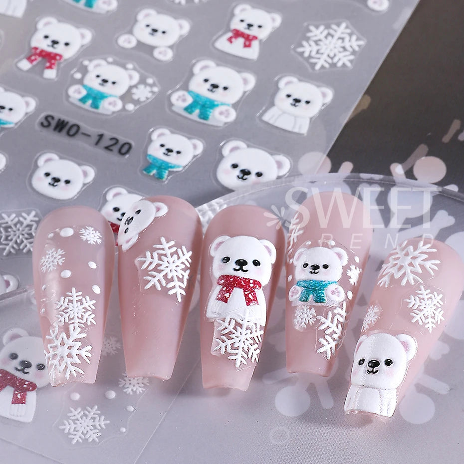 3pcs Embossed Christmas Nail Stickers Cute Snowman Santa Claus Penguin Bear Nail Decals Autumn Winter Nail Supplies Decoration