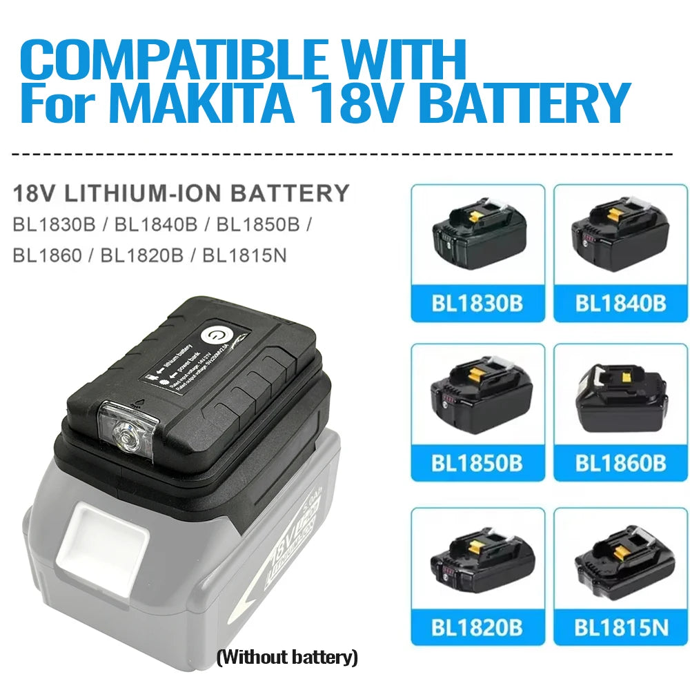 Adapter LED Lights Flashlight USB Mobile Phone Charger For Makita 18V Li-ion Battery BL1830 BL1815 Power Bank