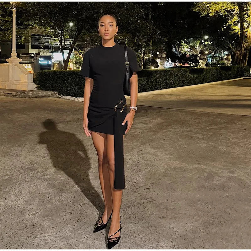 Elegant Mini Dress Woman Ribbons Slim O-neck Short Sleeve Above Knee Dresses Female Spring Summer Party Robe Lady High Street