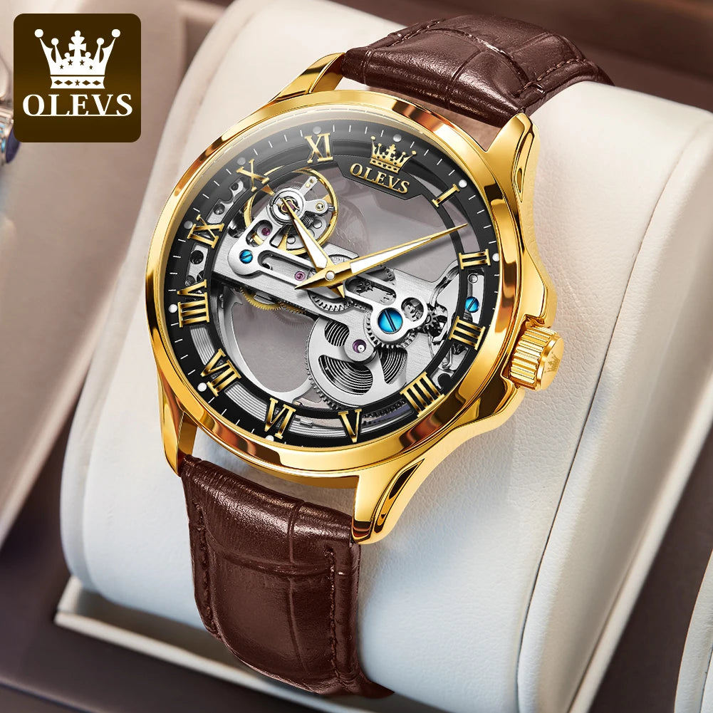 OLEVS Couple Watches Original Fully Transparent Skeleton Automatic Mechanical Watches For Men Women Lover's Gift Luxury Watches