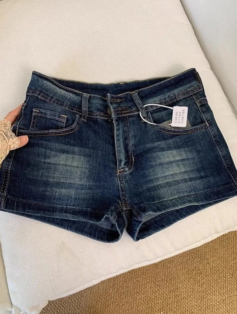 Retro Roll Up Hem Deep Blue Denim Shorts Women Summer Sexy Low Rise Hip Covering Hot Pants American Distressed Washed Jean Short