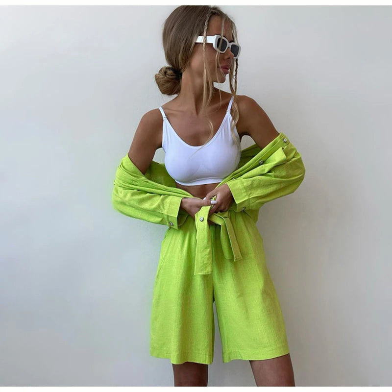 Summer Two Piece Set Women Shorts Suit Green Lapel Long Sleeve Shirts Sets Female Elegant Casual High Waist Pants Lady Outfits