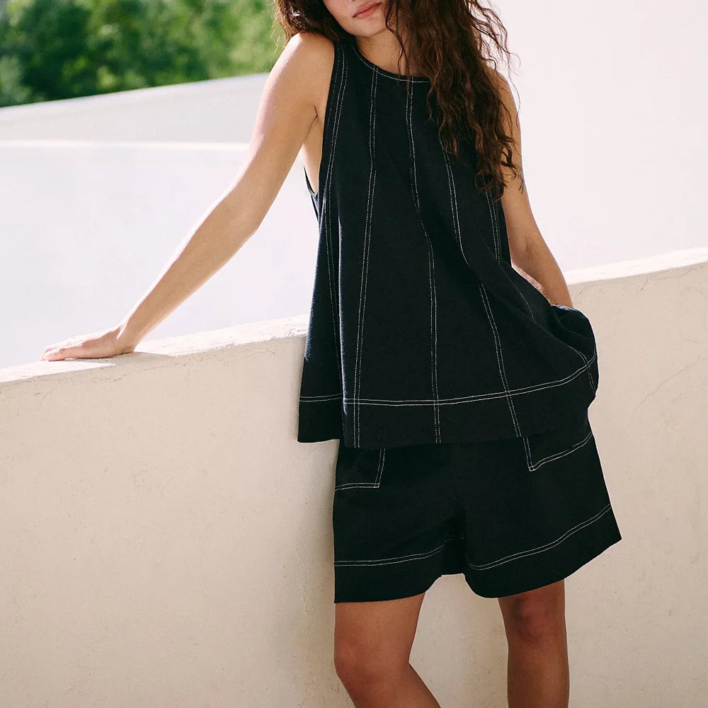Women Vintage Denim Tops Pant Sets Two 2 Pieces Sets A-Line Tank Cami Sleeveless Shorts Pockets Retro Jeans High Street Outfits