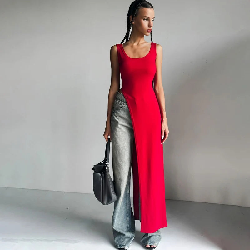 Sexy Sleeveless Side High Split Midi Dress Backless Women's Summer Party Club Streetwear Y2K Style Solid Color