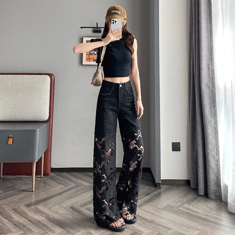 2025 Women's Denim Baggy Jeans flared Black Pants Diamonds Patchwork Lace Hollow Out Embroidery Straight  New Summer Fashion